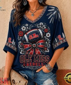 Ole Miss Rebels NCAA Vintage Floral Bow V Neck T Shirt, NCAA V Neck Fan Shirt Ole Miss Rebels Ncaa Vintage Floral Bow V Neck T Shirt