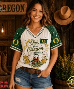 Oregon Ducks NCAA Bow and Floral Team Spirit V Neck T Shirt, NCAA V Neck Fan Shirt Oregon Ducks Ncaa Bow And Floral Team Spirit V Neck T Shirt