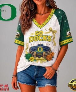 Oregon Ducks NCAA Floral Stadium Bow V Neck 3D T Shirt, NCAA V Neck Fan Shirt Oregon Ducks Ncaa Floral Stadium Bow V Neck 3D T Shirt