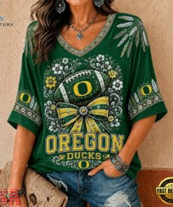 Oregon Ducks NCAA Vintage Floral Bow V Neck T Shirt, NCAA V Neck Fan Shirt Oregon Ducks Ncaa Vintage Floral Bow V Neck T Shirt