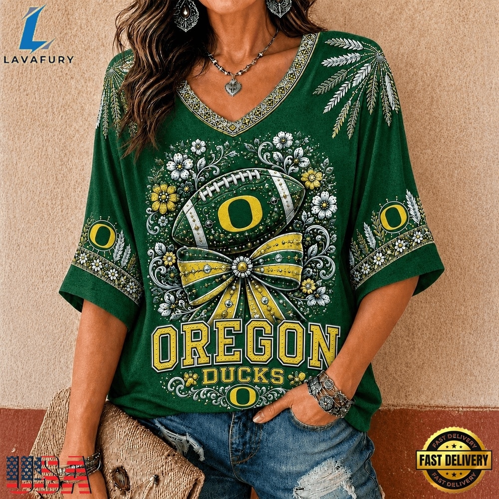 Oregon Ducks NCAA Vintage Floral Bow V Neck T Shirt, NCAA V Neck Fan Shirt Oregon Ducks Ncaa Vintage Floral Bow V Neck T Shirt