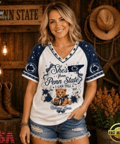 Penn State Nittany Lions NCAA Bow and Floral Team Spirit V Neck T Shirt, NCAA V Neck Fan Shirt Penn State Nittany Lions Ncaa Bow And Floral Team Spirit V Neck T Shirt