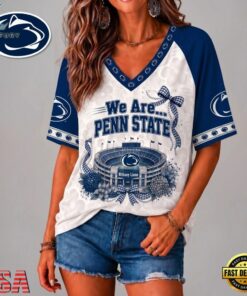Penn State Nittany Lions NCAA Floral Stadium Bow V Neck 3D T Shirt, NCAA V Neck Fan Shirt Penn State Nittany Lions Ncaa Floral Stadium Bow V Neck 3D T Shirt