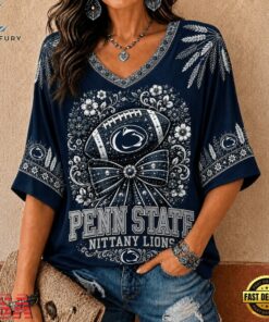 Penn State Nittany Lions NCAA Vintage Floral Bow V Neck T Shirt, NCAA V Neck Fan Shirt Penn State Nittany Lions Ncaa Vintage Floral Bow V Neck T Shirt