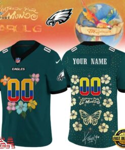 Philadelphia Eagles x Karol G VIAJANDO POR EL MUNDO TROPITOUR Signature Football Jersey, Fashion Football Jersey Philadelphia Eagles X Karol G Viajando Por EL Mundo Tropitour Signature Football Jersey