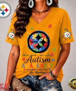 Pittsburgh Steelers NFL Different, Not Less Autism Awareness V neck T Shirt, NFL Team V Neck Tee Pittsburgh Steelers Nfl Different Not Less Autism Awareness V Neck T Shirt