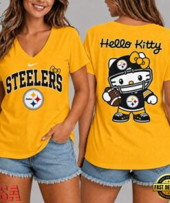 Pittsburgh Steelers NFL Hello Kitty Football V Neck T Shirt, NFL Team V Neck Tee Pittsburgh Steelers Nfl Hello Kitty Football V Neck T Shirt