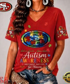 San Francisco 49ers NFL Different, Not Less Autism Awareness V neck T Shirt, NFL Team V Neck Tee San Francisco 49ers Nfl Different Not Less Autism Awareness V Neck T Shirt