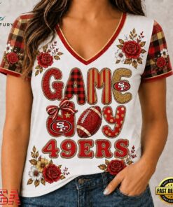 San Francisco 49ers NFL Football Flowers Team Pride V Neck T Shirt, NFL Team V Neck Tee San Francisco 49ers Nfl Football Flowers Team Pride V Neck T Shirt