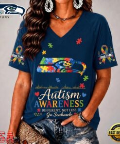 Seattle Seahawks NFL Different, Not Less Autism Awareness V neck T Shirt, NFL Team V Neck Tee Seattle Seahawks Nfl Different Not Less Autism Awareness V Neck T Shirt