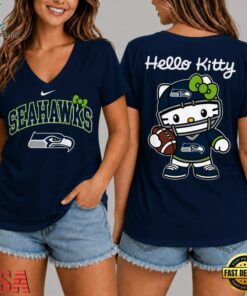 Seattle Seahawks NFL Hello Kitty Football V Neck T Shirt, NFL Team V Neck Tee Seattle Seahawks Nfl Hello Kitty Football V Neck T Shirt