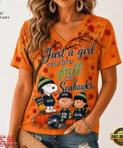 Seattle Seahawks NFL Snoopy Peanuts Fall Season V Neck T Shirt, NFL Team V Neck Tee Seattle Seahawks Nfl Snoopy Peanuts Fall Season V Neck T Shirt