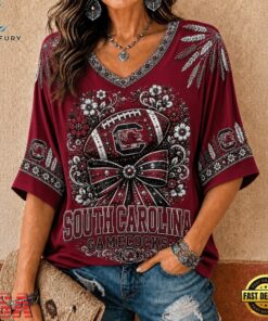 South Carolina Gamecocks NCAA Vintage Floral Bow V Neck T Shirt, NCAA V Neck Fan Shirt South Carolina Gamecocks Ncaa Vintage Floral Bow V Neck T Shirt