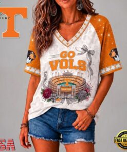 Tennessee Volunteers NCAA Floral Stadium Bow V Neck 3D T Shirt, NCAA V Neck Fan Shirt Tennessee Volunteers Ncaa Floral Stadium Bow V Neck 3D T Shirt