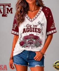 Texas A&M Aggies NCAA Floral Stadium Bow V Neck 3D T Shirt, NCAA V Neck Fan Shirt Texas A M Aggies Ncaa Floral Stadium Bow V Neck 3D T Shirt