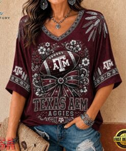 Texas A&M Aggies NCAA Vintage Floral Bow V Neck T Shirt, NCAA V Neck Fan Shirt Texas A M Aggies Ncaa Vintage Floral Bow V Neck T Shirt
