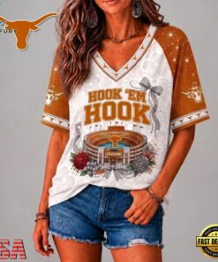 Texas Longhorns NCAA Floral Stadium Bow V Neck 3D T Shirt, NCAA V Neck Fan Shirt Texas Longhorns Ncaa Floral Stadium Bow V Neck 3D T Shirt