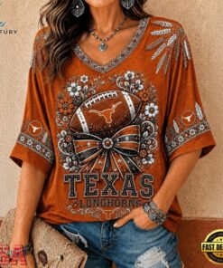 Texas Longhorns NCAA Vintage Floral Bow V Neck T Shirt, NCAA V Neck Fan Shirt Texas Longhorns Ncaa Vintage Floral Bow V Neck T Shirt
