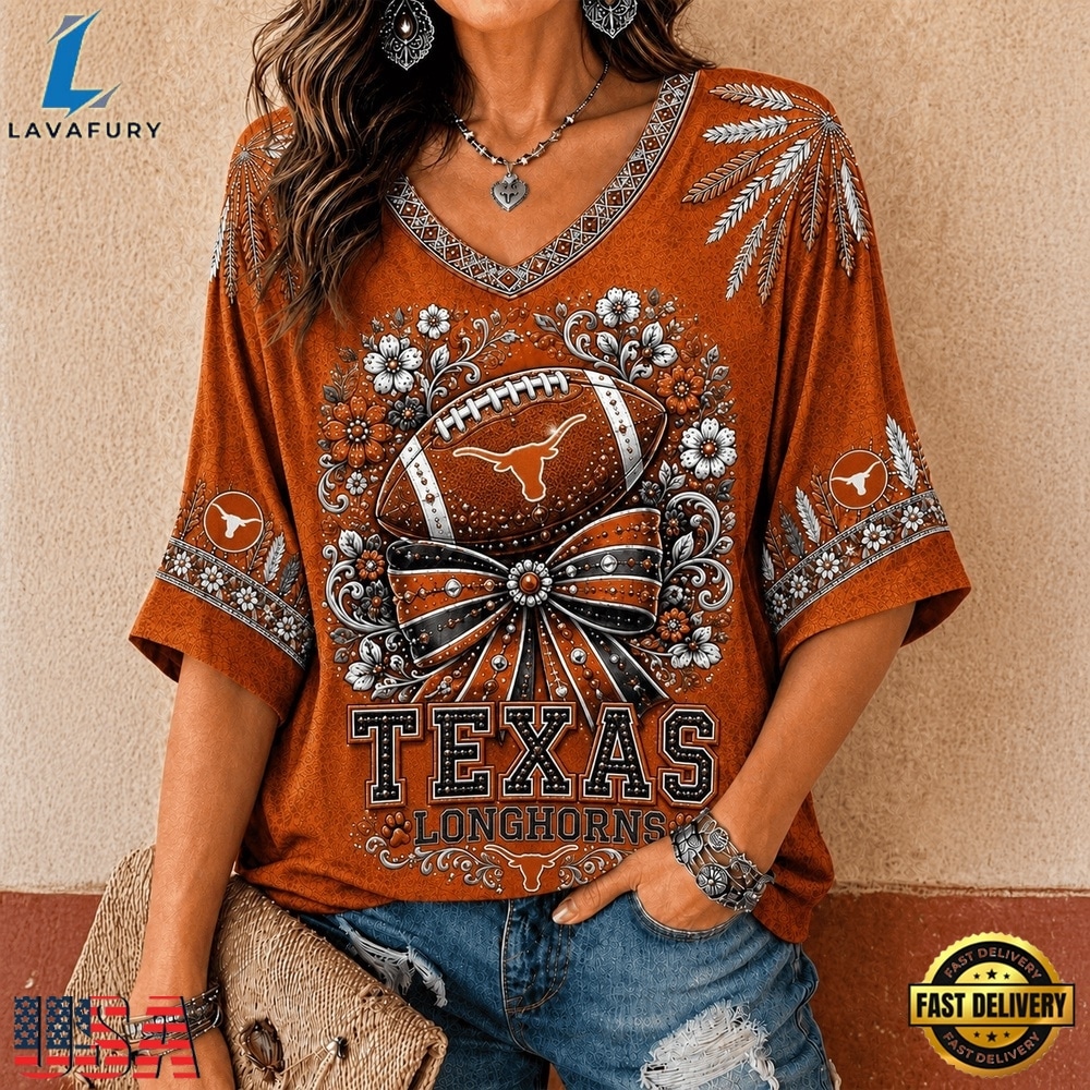 Texas Longhorns NCAA Vintage Floral Bow V Neck T Shirt, NCAA V Neck Fan Shirt Texas Longhorns Ncaa Vintage Floral Bow V Neck T Shirt