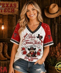Texas Tech Red Raiders NCAA Bow and Floral Team Spirit V Neck T Shirt, NCAA V Neck Fan Shirt Texas Tech Red Raiders Ncaa Bow And Floral Team Spirit V Neck T Shirt