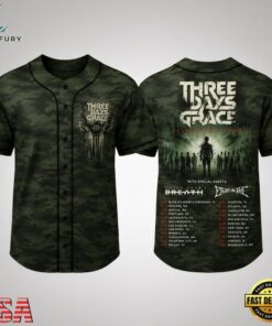 Three Days Grace Alienation Tour 2026 Green Camo Baseball Jersey, Music Artist Baseball Jersey Three Days Grace Alienation Tour 2026 Green Camo Baseball Jersey