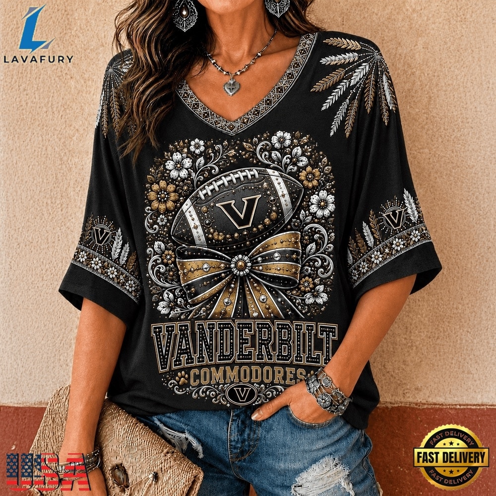 Vanderbilt Commodores NCAA Vintage Floral Bow V Neck T Shirt, NCAA V Neck Fan Shirt Vanderbilt Commodores Ncaa Vintage Floral Bow V Neck T Shirt