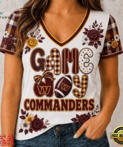 Washington Commanders NFL Football Flowers Team Pride V Neck T Shirt, NFL Team V Neck Tee Washington Commanders Nfl Football Flowers Team Pride V Neck T Shirt