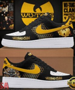 Wu Tang Clan Hip Hop Custom Air Force 1 Shoes, Black & Yellow Honeycomb Graphic Sneakers, Music Lover AF1 Shoes WU Tang Clan Hip Hop Custom Air Force 1 Shoes Black Yellow Honeycomb Graphic Sneakers