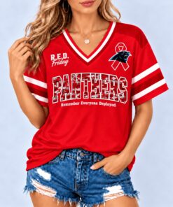 Carolina Panthers NFL RED Friday Military Camo Ribbon Graphic Women's V Neck Short Sleeve T Shirt, NFL Team V Neck Tee Carolina Panthers Nfl Red Friday Military Camo Ribbon Graphic Women S V Neck Short Sleeve T Shirt