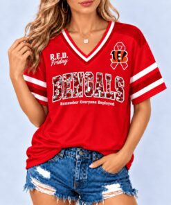 Cincinnati Bengals NFL RED Friday Military Camo Ribbon Graphic Women's V Neck Short Sleeve T Shirt, NFL Team V Neck Tee Cincinnati Bengals Nfl Red Friday Military Camo Ribbon Graphic Women S V Neck Short Sleeve T Shirt
