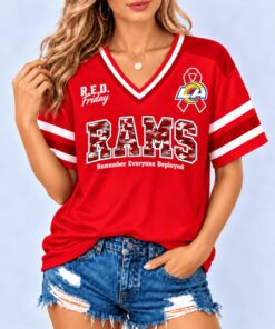 Los Angeles Rams NFL RED Friday Military Camo Ribbon Graphic Women's V Neck Short Sleeve T Shirt, NFL Team V Neck Tee Los Angeles Rams Nfl Red Friday Military Camo Ribbon Graphic Women S V Neck Short Sleeve T Shirt