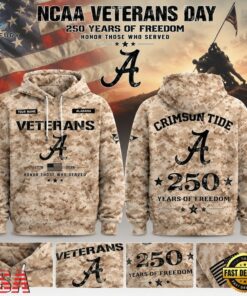 Alabama Crimson Tide Veterans Day 2026 250 Years of Freedom Personalized Hoodie, Viral 3D Graphic Tee Alabama Crimson Tide Veterans Day 2026 250 Years OF Freedom Personalized Hoodie
