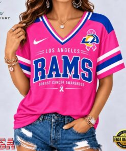 Los Angeles Rams 2026 NFL Pink Breast Cancer Awareness V neck T Shirt, NFL Team V Neck Tee Los Angeles Rams 2026 Nfl Pink Breast Cancer Awareness V Neck T Shirt