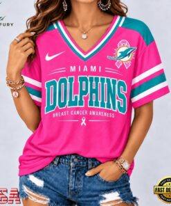 Miami Dolphins 2026 NFL Pink Breast Cancer Awareness V neck T Shirt, NFL Team V Neck Tee Miami Dolphins 2026 Nfl Pink Breast Cancer Awareness V Neck T Shirt