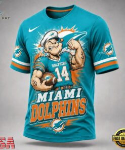 Miami Dolphins NFL Popeye Bold Cartoon Athletes 3D T Shirt, Sports Fans 3D Shirt Miami Dolphins Nfl Popeye Bold Cartoon Athletes 3D T Shirt