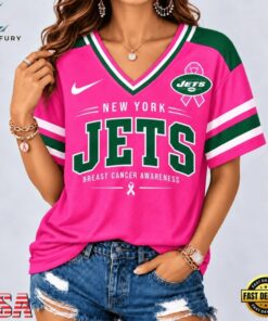 New York Jets 2026 NFL Pink Breast Cancer Awareness V neck T Shirt, NFL Team V Neck Tee New York Jets 2026 Nfl Pink Breast Cancer Awareness V Neck T Shirt