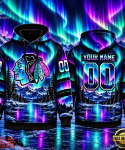 NHL Chicago Blackhawks Special Design With Northern Lights 2026 Hoodie Shirt, NHL Hockey 3D Shirt Nhl Chicago Blackhawks Special Design With Northern Lights 2026 Hoodie Shirt