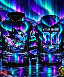 NHL San Jose Sharks Special Design With Northern Lights 2026 Hoodie Shirt, NHL Hockey 3D Shirt Nhl San Jose Sharks Special Design With Northern Lights 2026 Hoodie Shirt